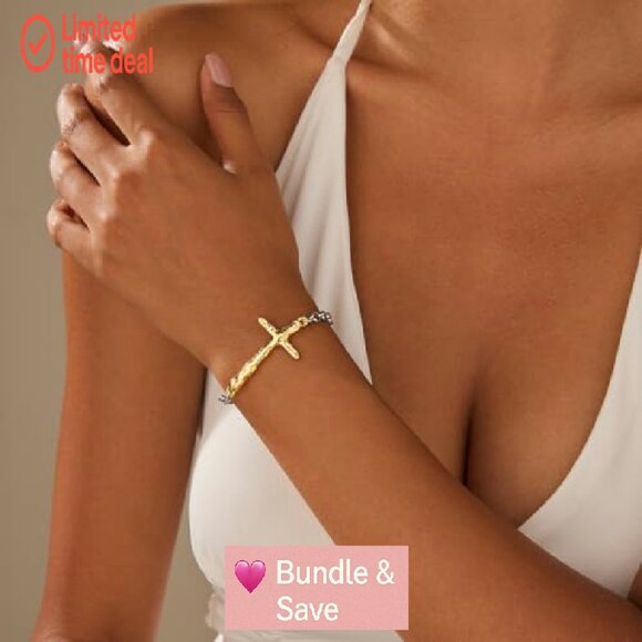 Adjustable Link Chain Bracelet with Textured Cross Pendant for Women - Picture 7 of 8